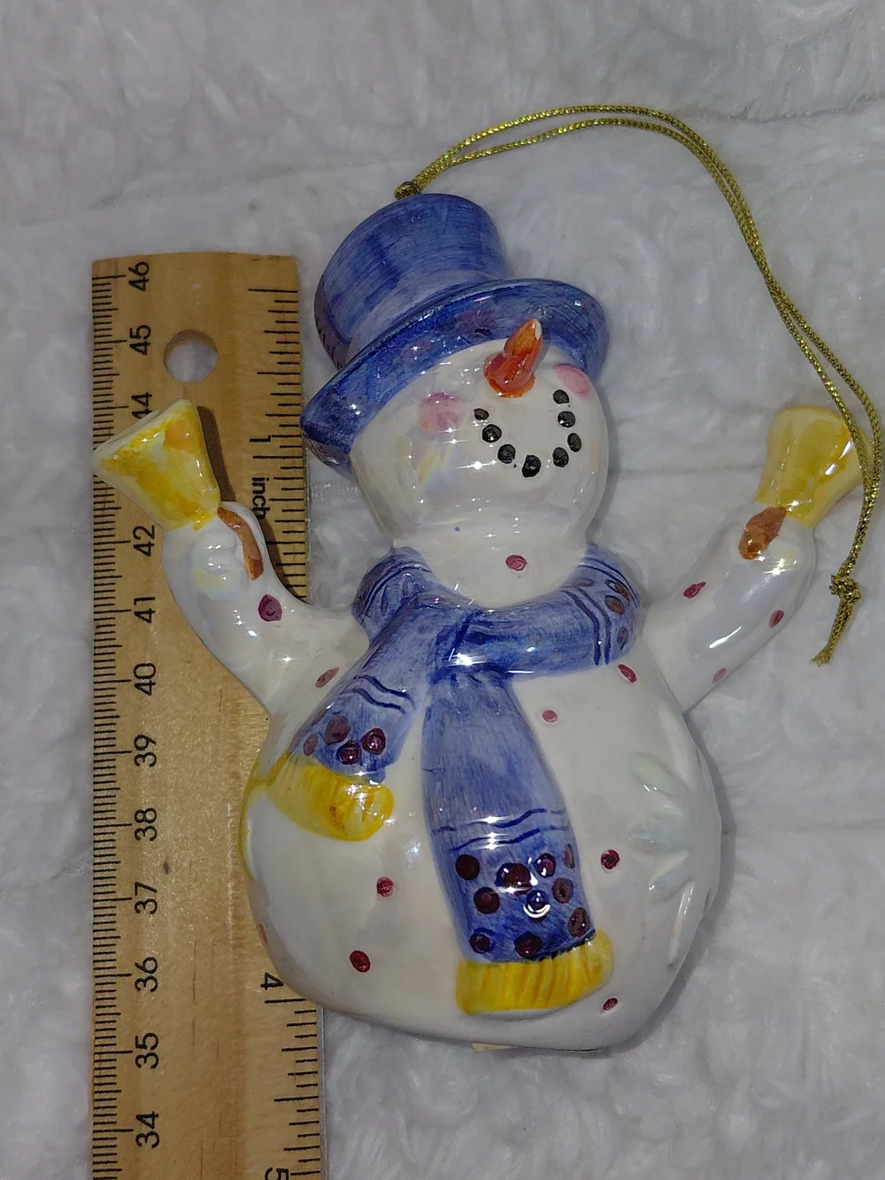 Hand-Painted Vintage Ceramic Snowman Ornament - Blue Hat & Scarf
